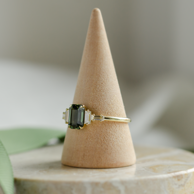 Engagement ring in vintage style with green sapphire and moissanites AISHA