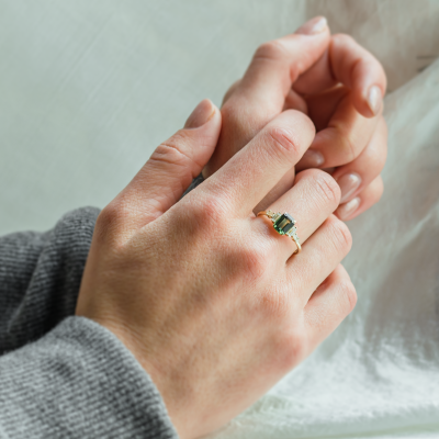 Engagement ring in vintage style with green sapphire and moissanites AISHA