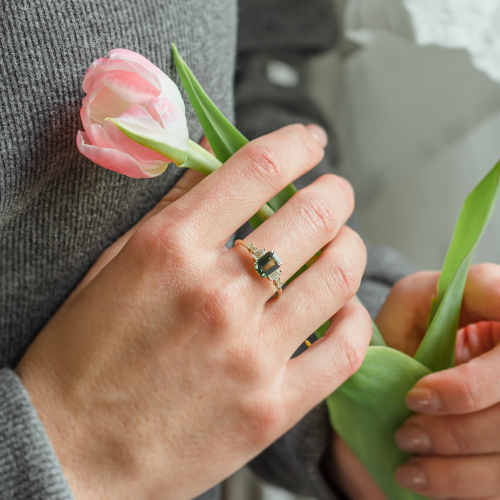 Engagement ring in vintage style with green sapphire and moissanites AISHA