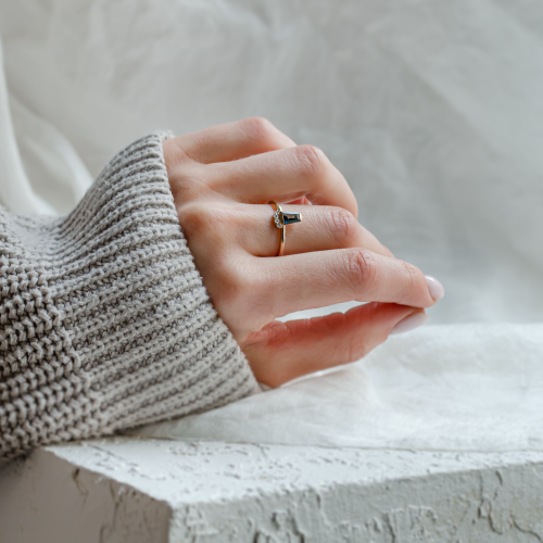 Unusual gold ring with teal sapphire and side diamonds AZRAQ