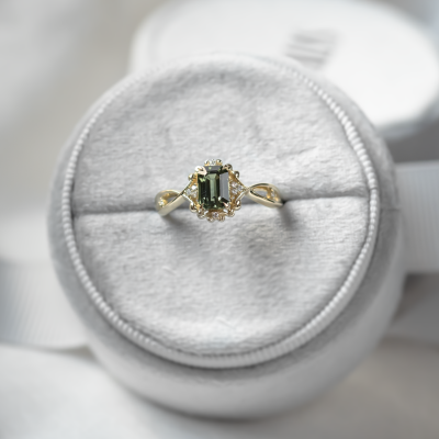 Unique vintage gold ring with green sapphire and diamonds BAROQUE