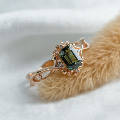 Unique vintage gold ring with green sapphire and diamonds BAROQUE