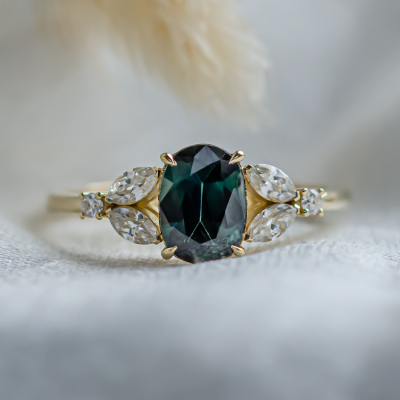 Vintage engagement ring with green sapphire and moissanites CADET