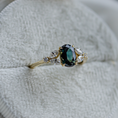 Vintage engagement ring with green sapphire and moissanites CADET