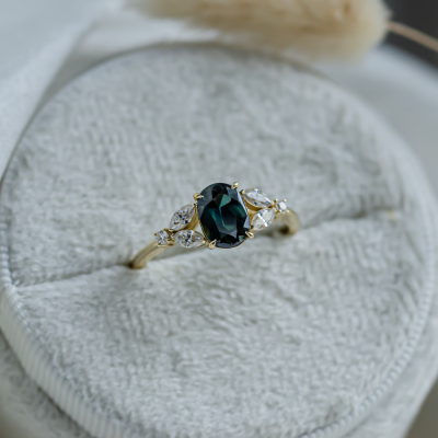 Vintage engagement ring with green sapphire and moissanites CADET