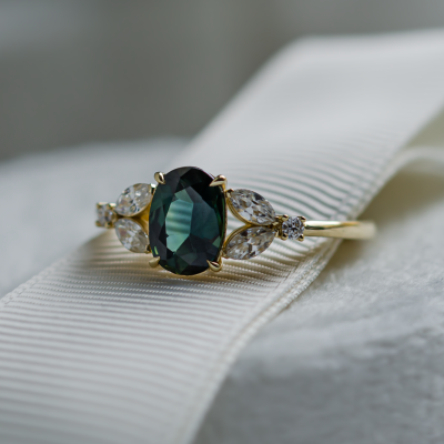 Vintage engagement ring with green sapphire and moissanites CADET