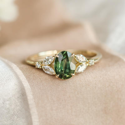 Vintage engagement ring with green sapphire and diamonds CADET