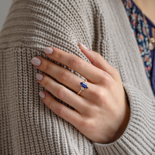 Ring with blue lab grown sapphire and moissanites ELLIS