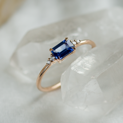 Modern ring with baguette sapphire and diamonds EUDE