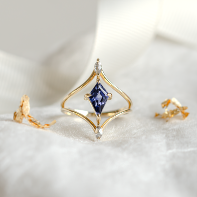 Gold split shank ring with lab grown sapphire ISTRIA