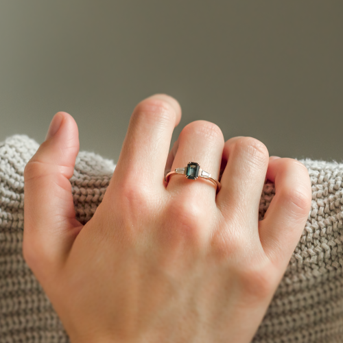 Estate emerald cut sapphire and baguette diamond ring JENNA