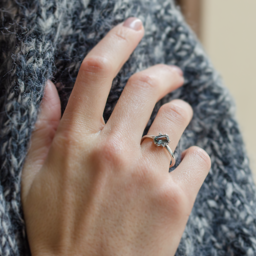 Gold ring with radiant teal sapphire and side diamonds JOY