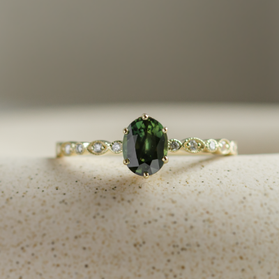 Vintage engagement ring with green sapphire and diamonds MADDIE