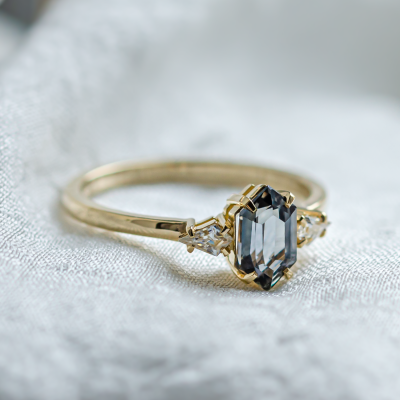 Engagement ring with hexagon teal sapphire and moissanites SLATE
