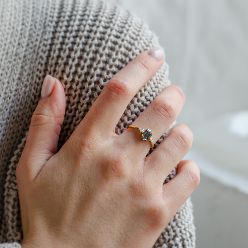 Engagement ring with hexagon teal sapphire and moissanites SLATE