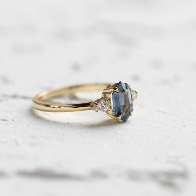 Engagement ring with hexagon teal sapphire and moissanites SLATE