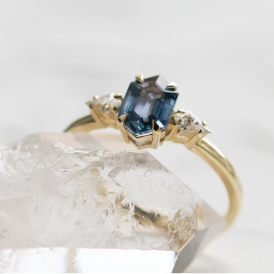 Engagement ring with hexagon teal sapphire and moissanites SLATE