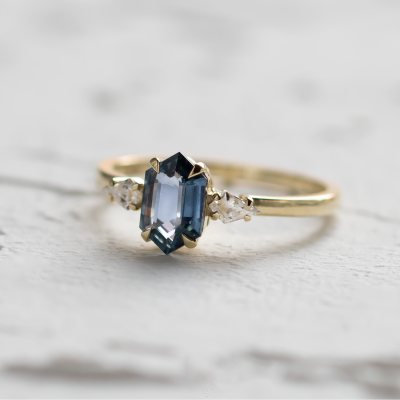 Engagement ring with hexagon teal sapphire and moissanites SLATE