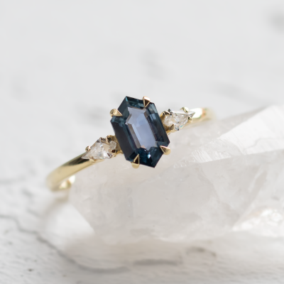 Engagement ring with hexagon teal sapphire and moissanites SLATE