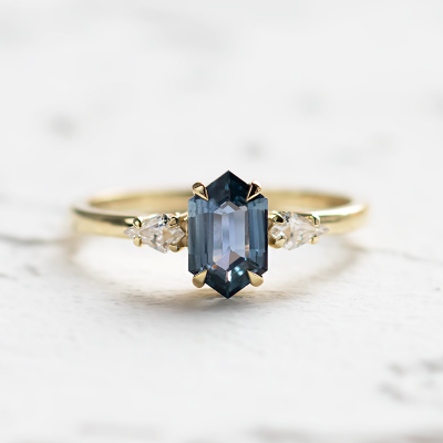 Engagement ring with hexagon teal sapphire and moissanites SLATE