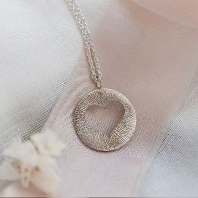 Gold hammered pendant with heart AMORE