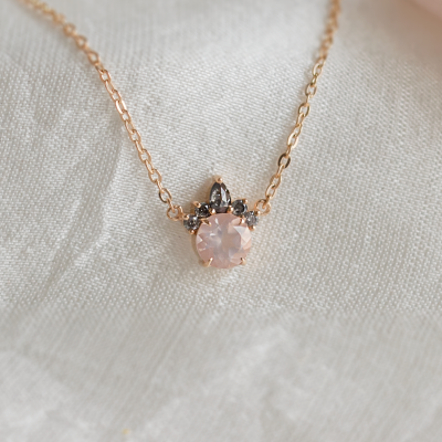 Cluster neklace with morganite and salt and pepper diamonds FLAMINGO