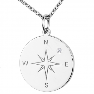 Silver pendant with a compass and a diamond MAP