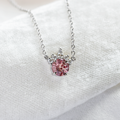 Gold necklace from mineral strawberry quartz and with diamonds PINKIE