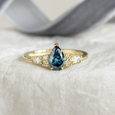 Gold ring with pear blue lab grown diamond and side diamonds AZURE