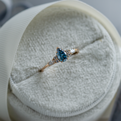 Gold ring with pear blue lab grown diamond and side diamonds AZURE