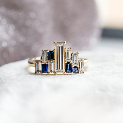 Avant-garde ring with moissanites and sapphires in baguette shape BETH