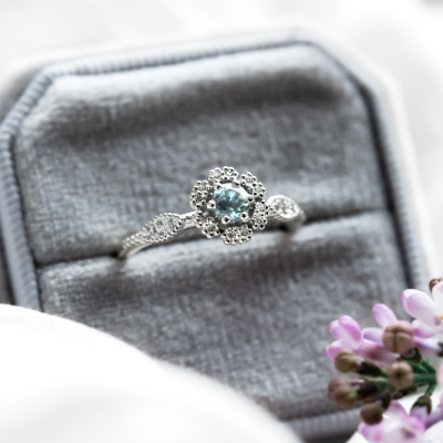 Halo engagement ring with aquamarine and diamonds CALI
