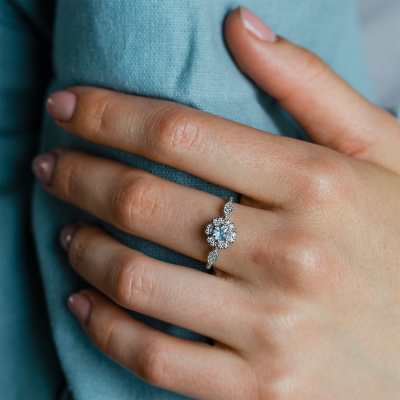 Halo engagement ring with aquamarine and diamonds CALI