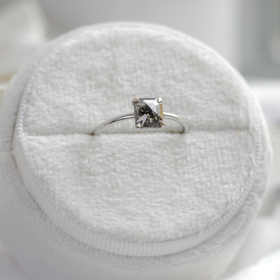 Minimalist ring with hexagon salt and pepper diamond CIAO