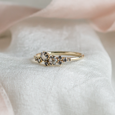Gold cluster ring with hexagon salt'n'pepper diamonds CLARINA