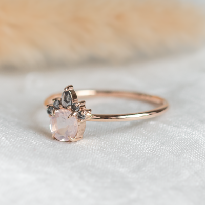 Romantic ring with morganite and salt and pepper diamonds DAPHNE