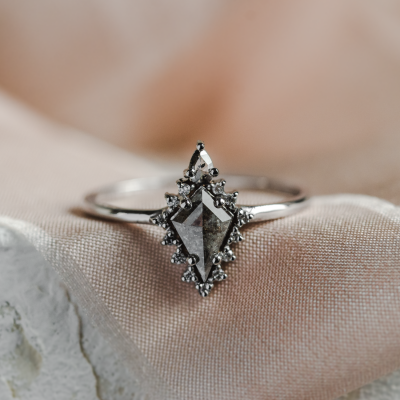 Halo unusual ring with salt'n'pepper diamonds DOMIZIO