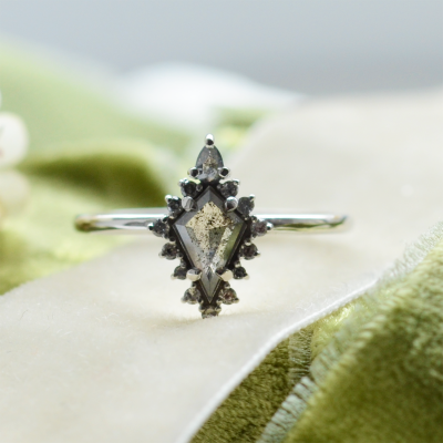 Halo unusual ring with salt'n'pepper diamonds DOMIZIO