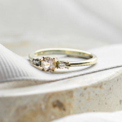 Gold ring with morganite and salt and pepper diamonds DUSTY