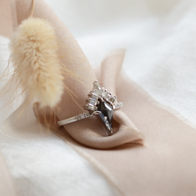 Kite salt and pepper diamond cluster ring with baguette diamonds ELEONORA