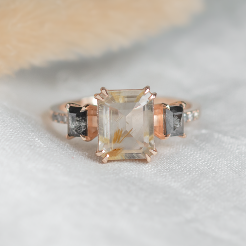 Vintage ring with rutilated quartz and salt and pepper diamonds FRANCI