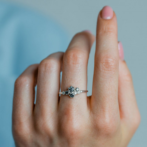 Unusual cluster ring with salt'n'pepper diamonds GEMBA