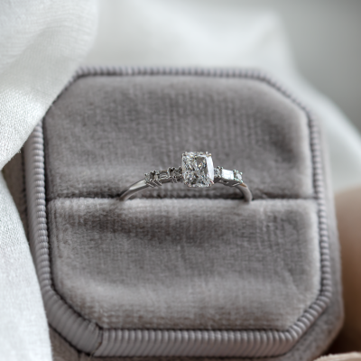 Luxury engagement ring with cushion lab grown diamond and side diamonds GEOFFREY