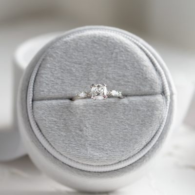 Luxury engagement ring with cushion lab grown diamond and side diamonds GEOFFREY