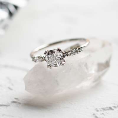 Luxury engagement ring with cushion lab grown diamond and side diamonds GEOFFREY
