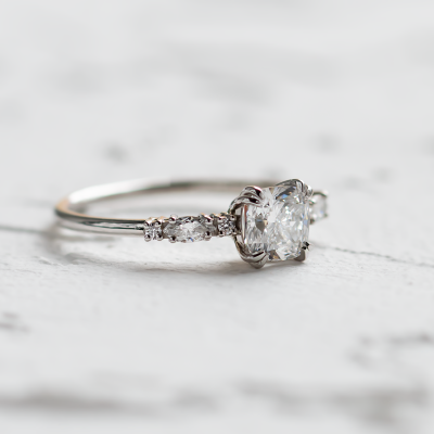 Luxury engagement ring with cushion lab grown diamond and side diamonds GEOFFREY