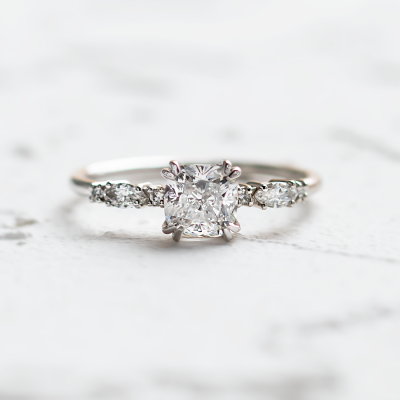 Luxury engagement ring with cushion lab grown diamond and side diamonds GEOFFREY