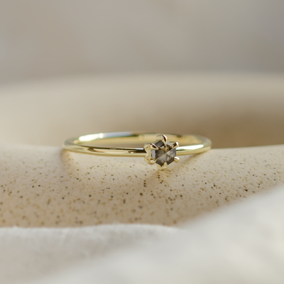 Minimalist ring with hexagon salt'n'pepper diamond HEXI