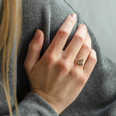 Unusual engagement ring with kite salt and pepper diamond and side diamonds KAREN