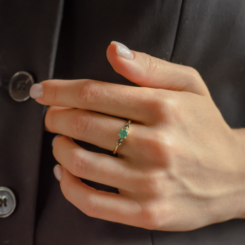 Gold ring with emerald and kite salt and pepper diamonds KIM